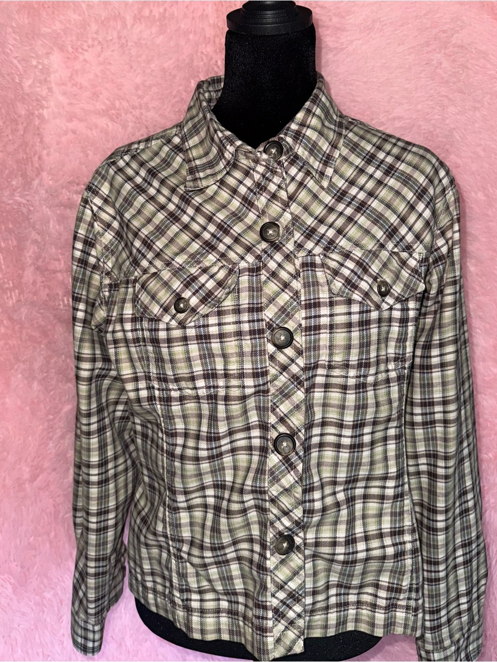 Maurices Plaid Flannel Button Down Shirt Sage Brown Large L